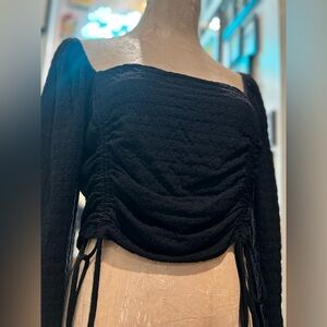 Black Ruched Long Sleeve Top – Square Neck & Adjustable Drawstrings